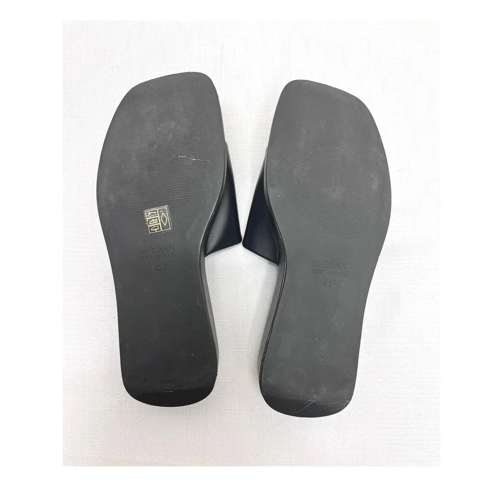 SVEGAN Platform Slide Sandals Women Size 42 Black Excellent Vegan Square‎ Toe